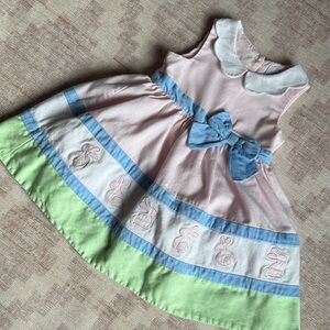 Maggie & Zoe Girls 18M Pink and Green Spring Easter Bunny Dress with Blue Bow